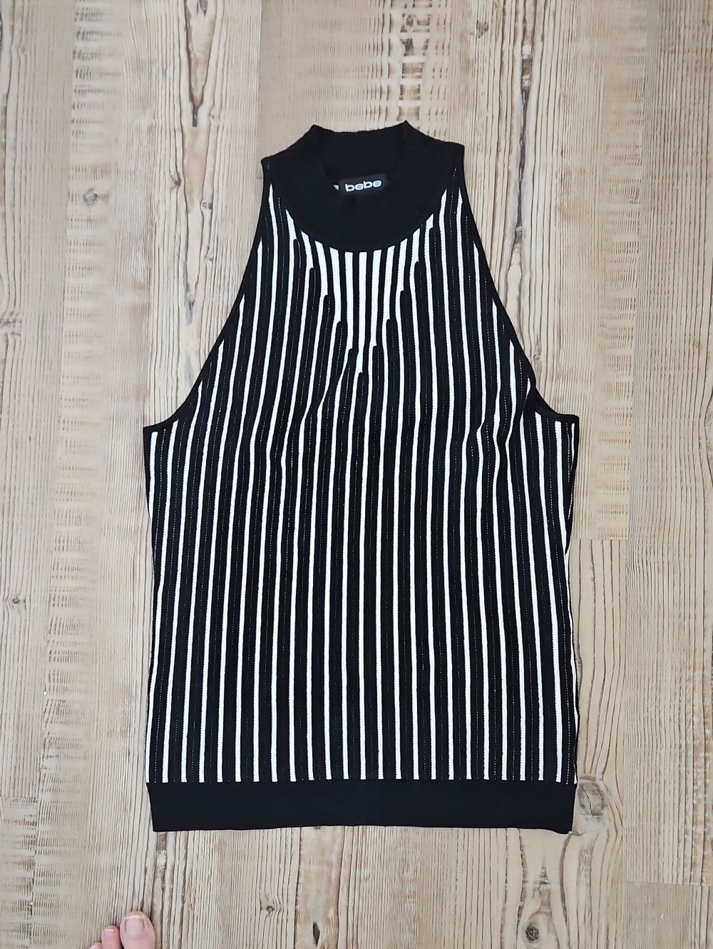 bebe Black and White Vertical Stripe Sleeveless Top